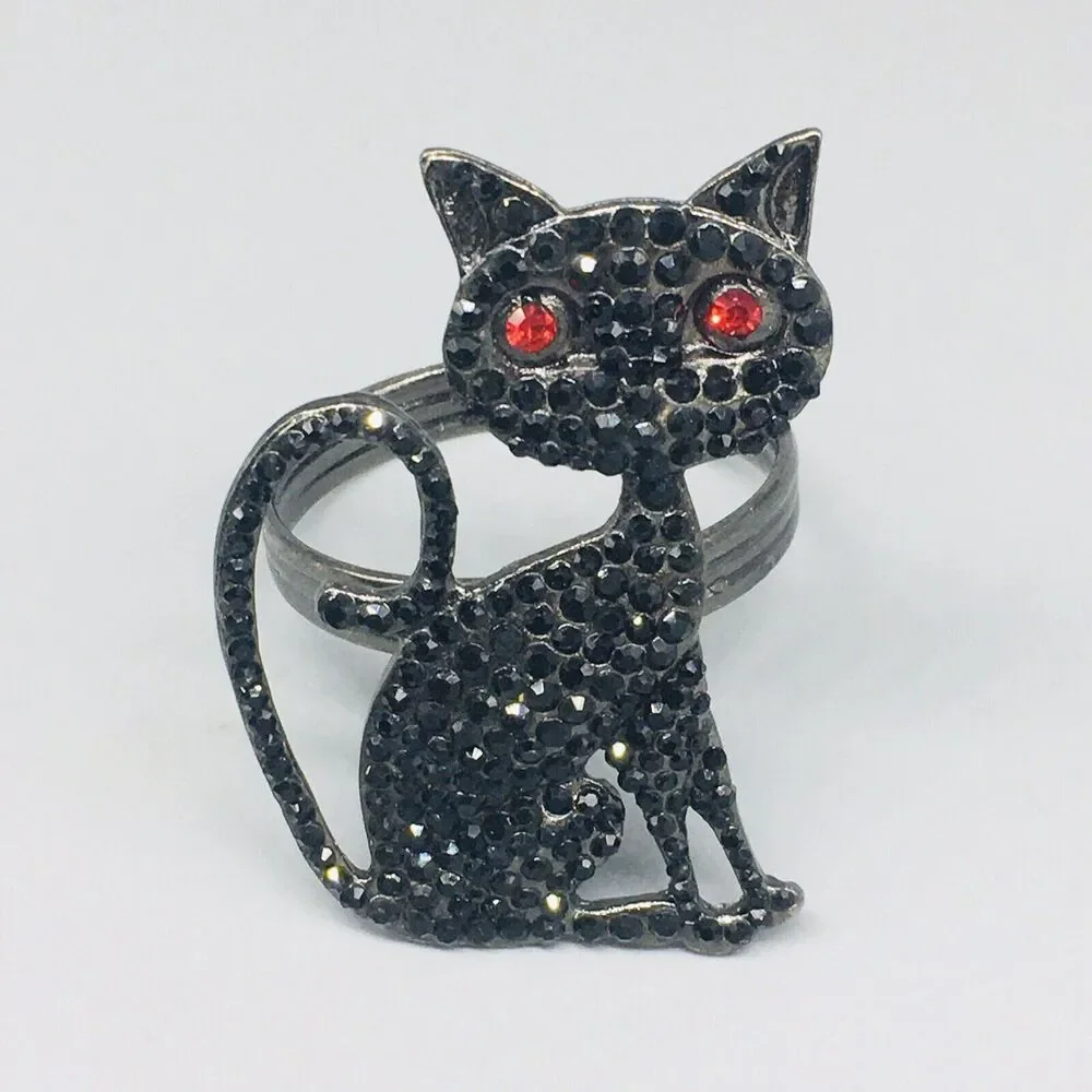 Tahari Halloween Napkin Rings Black Cat Red Eye Rhinestone Set of 4 Spooky